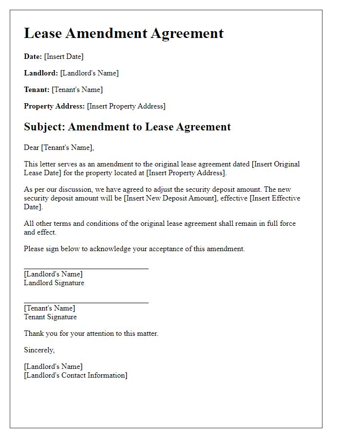 Letter template of lease amendment for adjusting security deposit amount