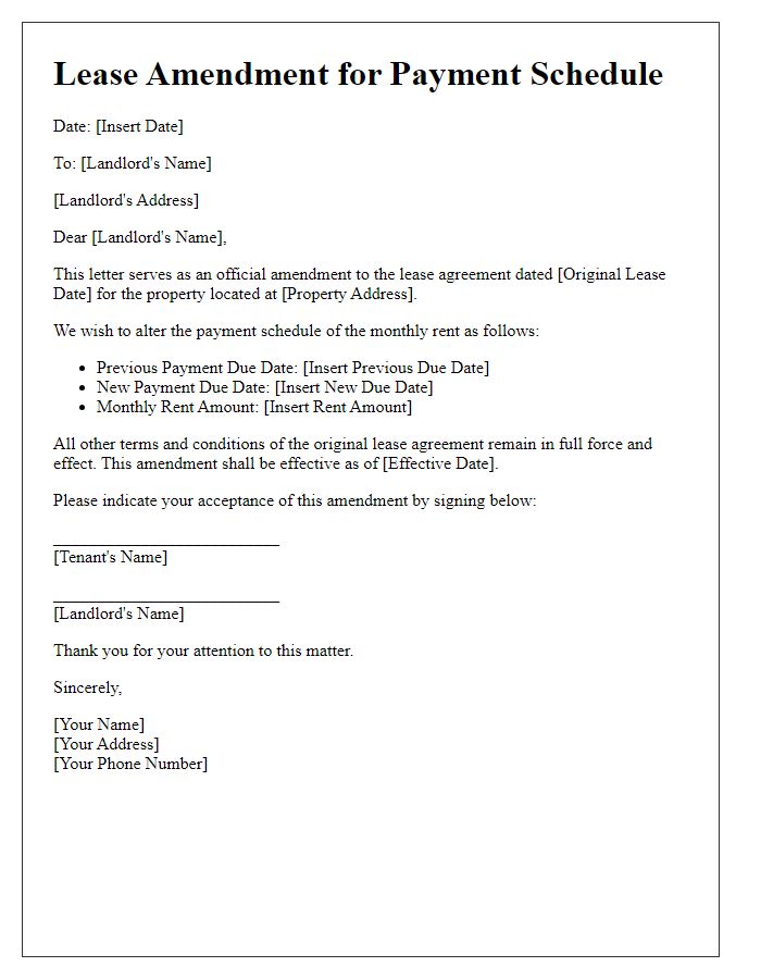 Letter template of lease amendment for altering payment schedule