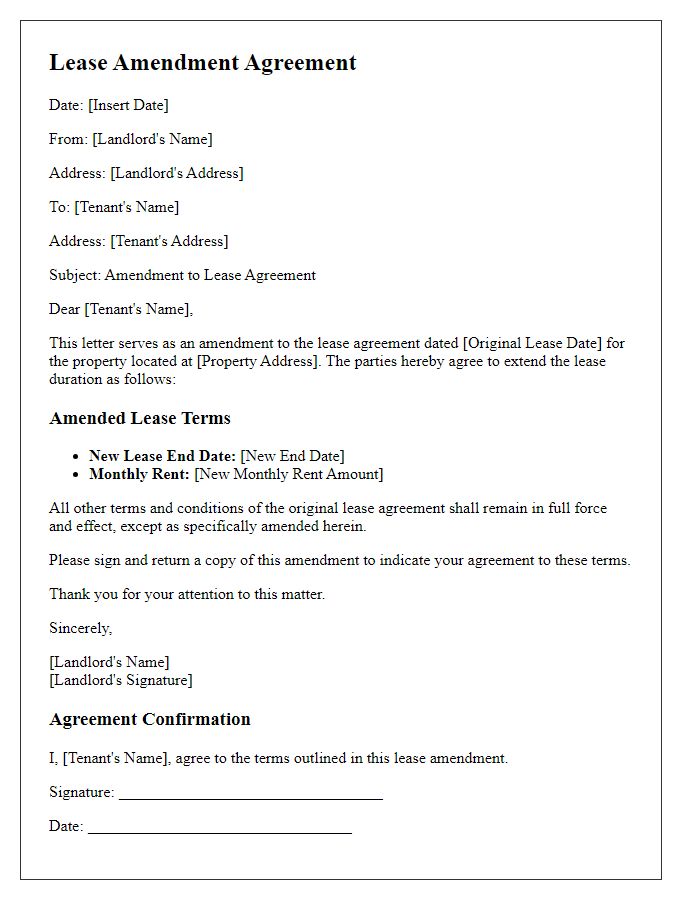 Letter template of lease amendment for extended lease duration