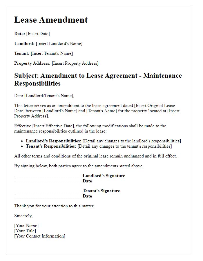 Letter template of lease amendment for modifications to maintenance responsibilities