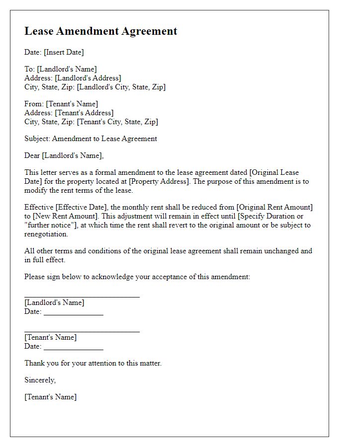 Letter template of lease amendment for reduced rent terms