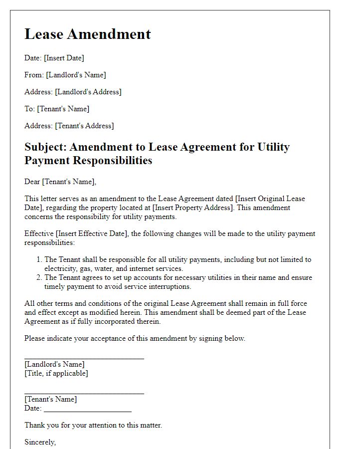 Letter template of lease amendment for utility payment responsibility changes