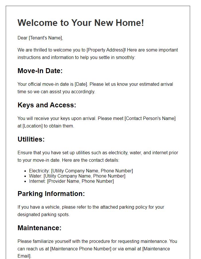 Letter template of move-in welcome instructions for tenants