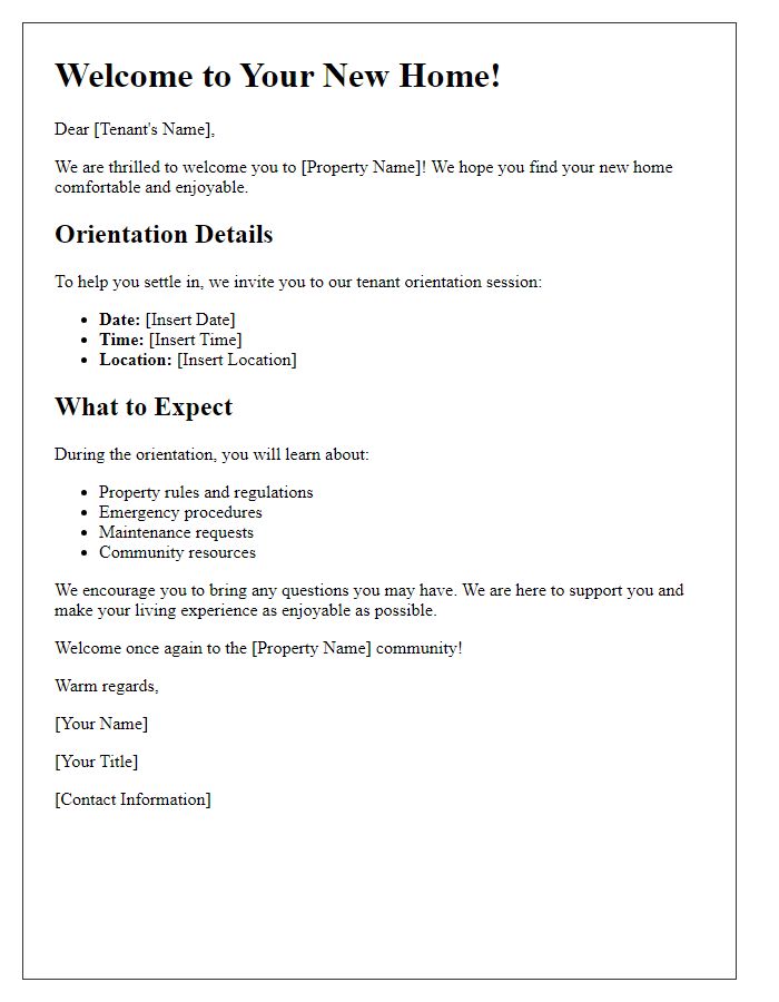 Letter template of tenant orientation welcome