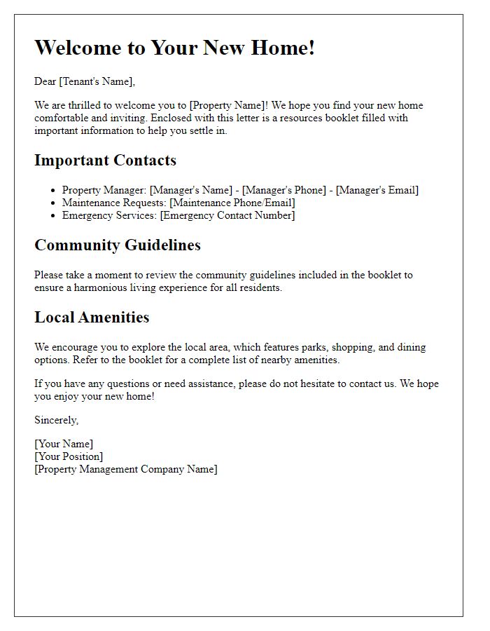 Letter template of tenant welcome and resources booklet