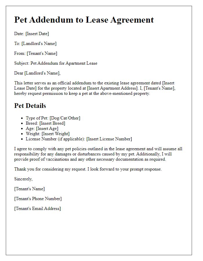 Letter template of pet addendum for apartment lease.