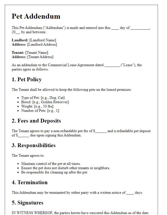 Letter template of pet addendum for commercial lease.