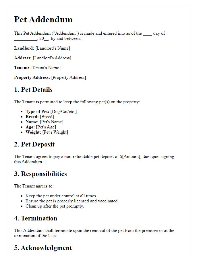 Letter template of pet addendum for house rental agreement.