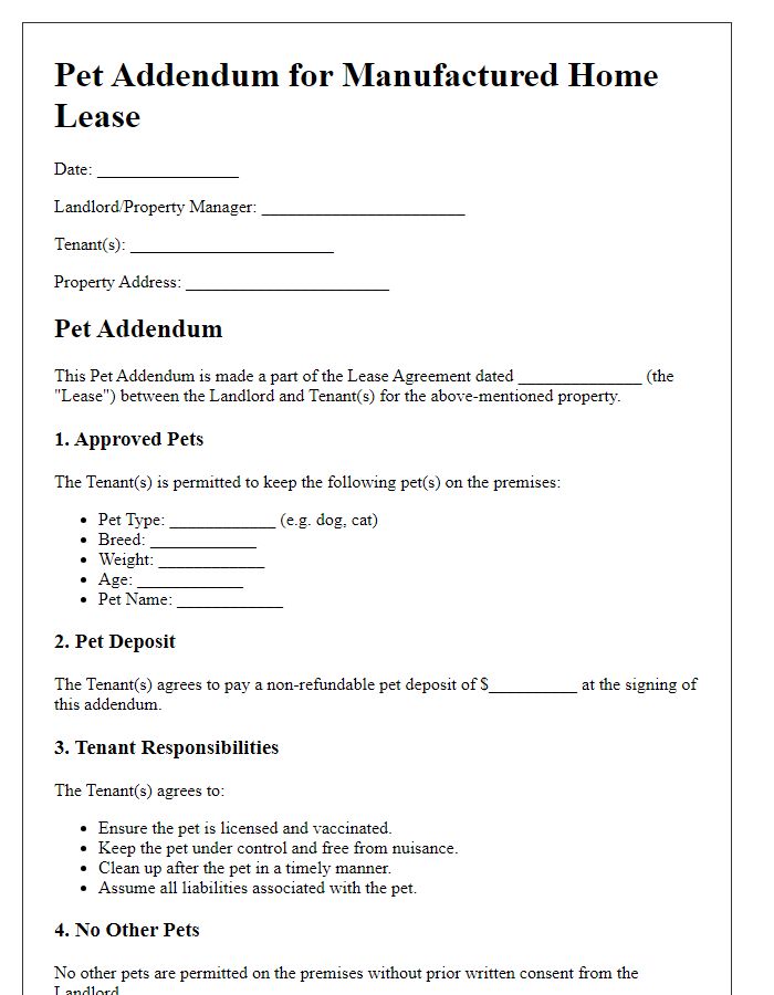 Letter template of pet addendum for manufactured home lease.