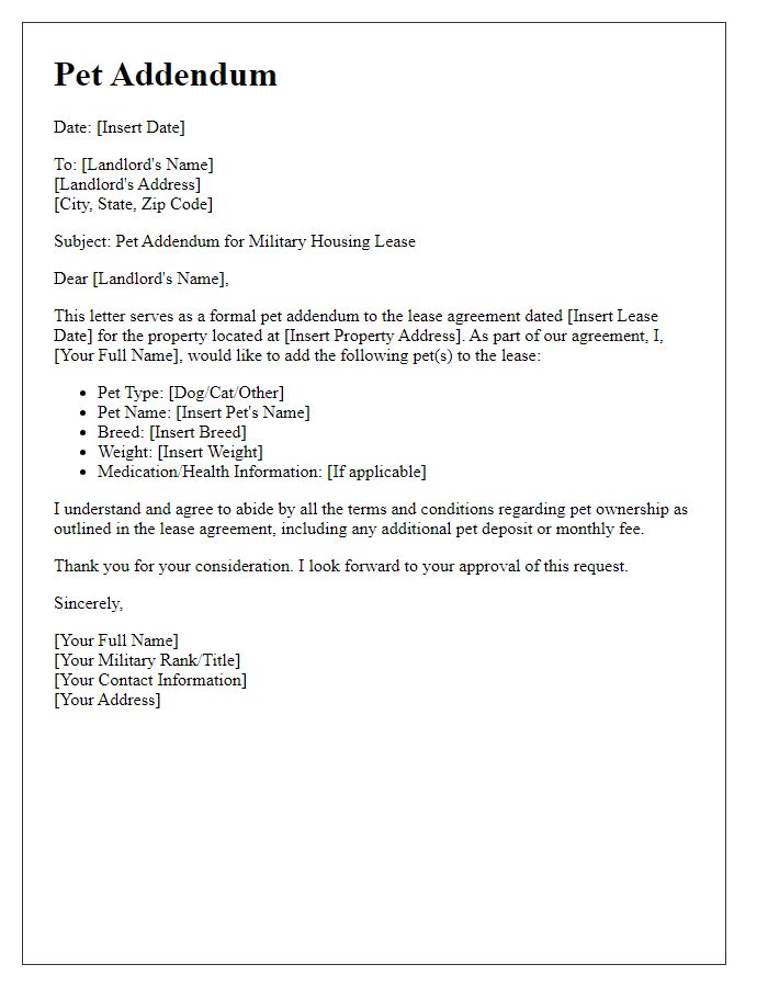 Letter template of pet addendum for military housing lease.