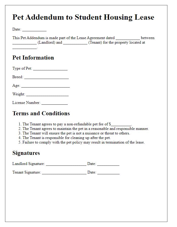 Letter template of pet addendum for student housing lease.