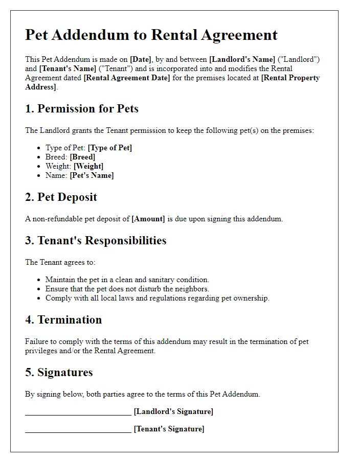 Letter template of pet addendum for temporary rental.