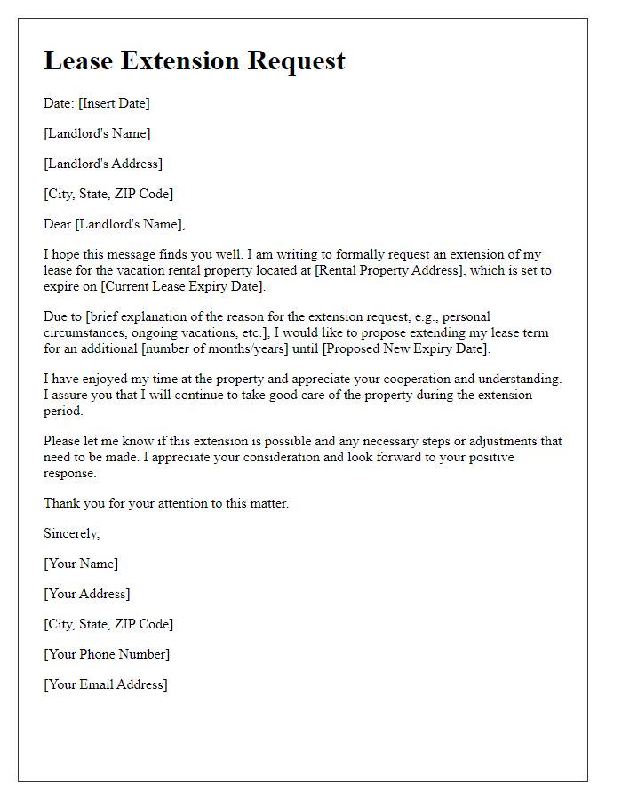 Letter template of lease extension request for vacation rental.