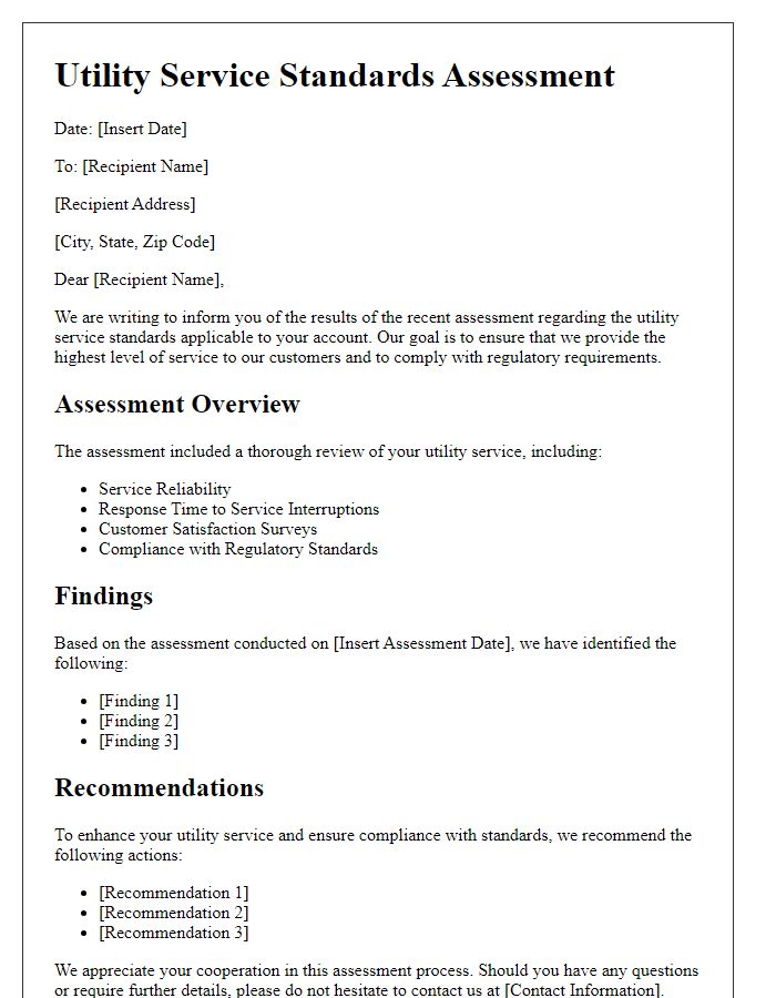 Letter template of assessment for utility service standards.