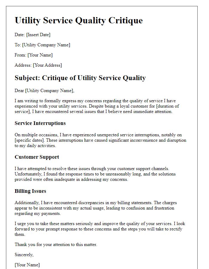 Letter template of critique on utility service quality.