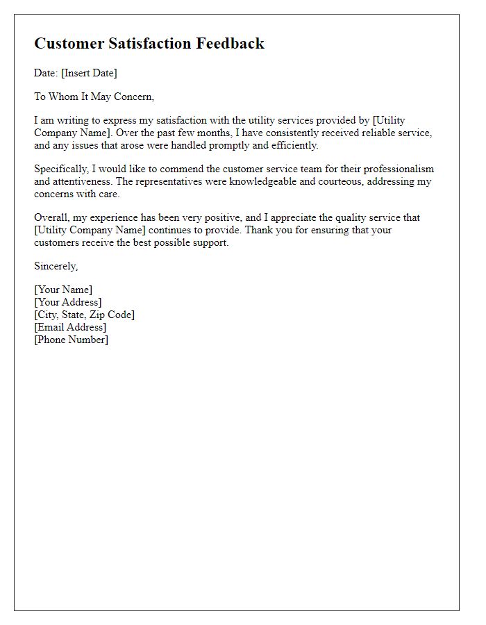 Letter template of customer satisfaction regarding utility services.