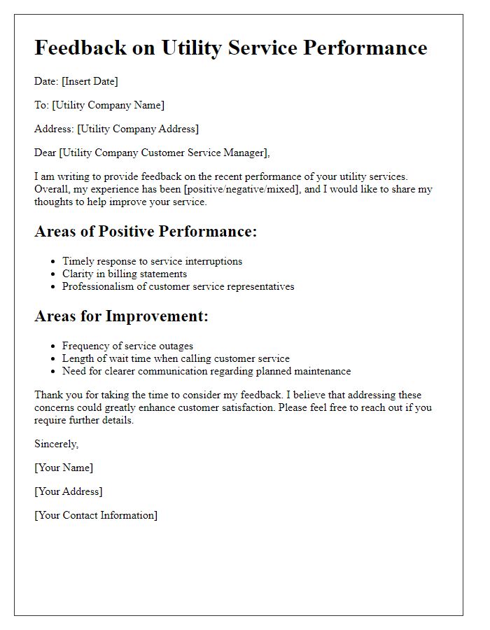 Letter template of feedback on utility service performance.