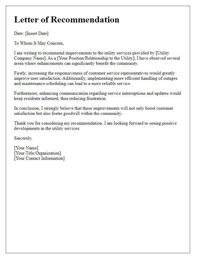 Letter template of recommendation for utility service improvements.