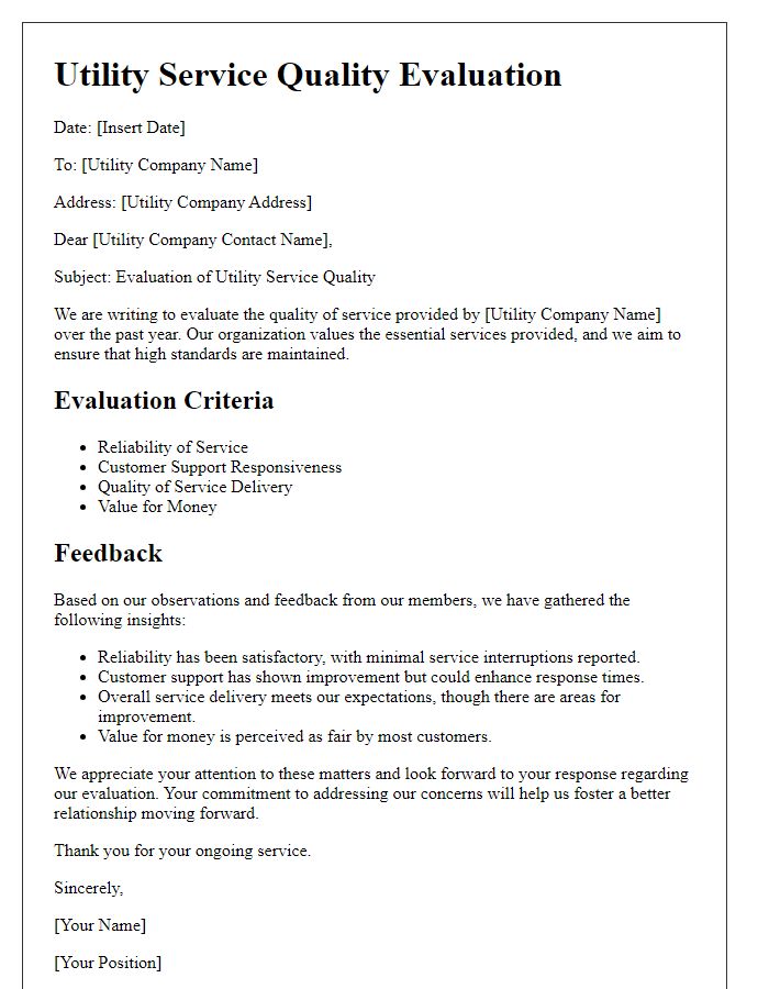 Letter template of utility service quality evaluation.