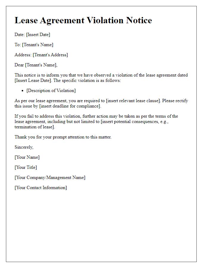 Letter template of lease agreement violation notice