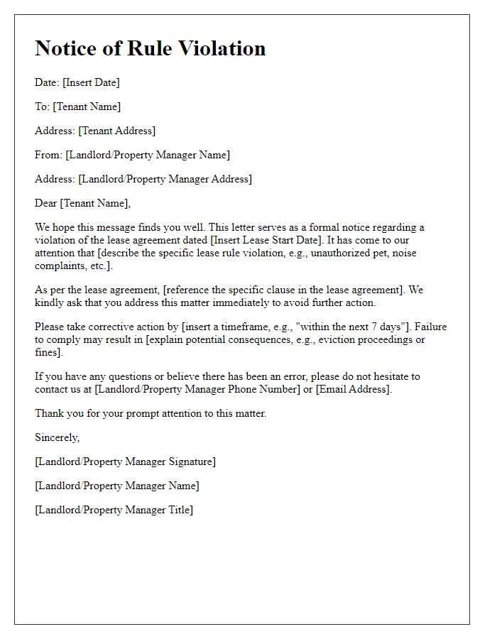 Letter template of tenant lease rule violation advice