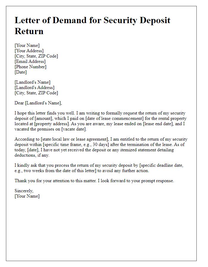 Letter template of demand for lease security deposit return