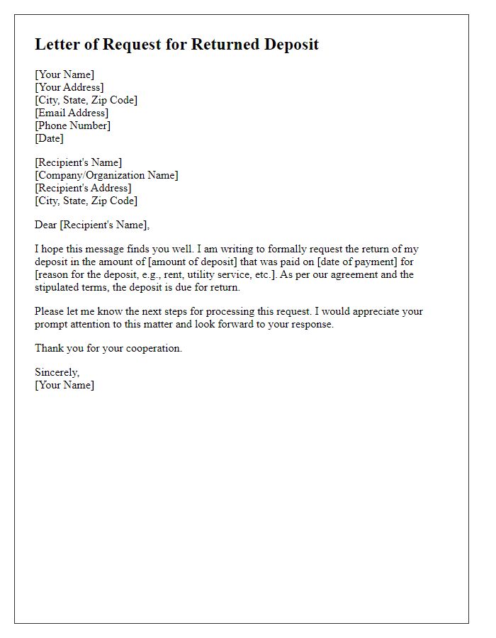 Letter template of request for returned deposit