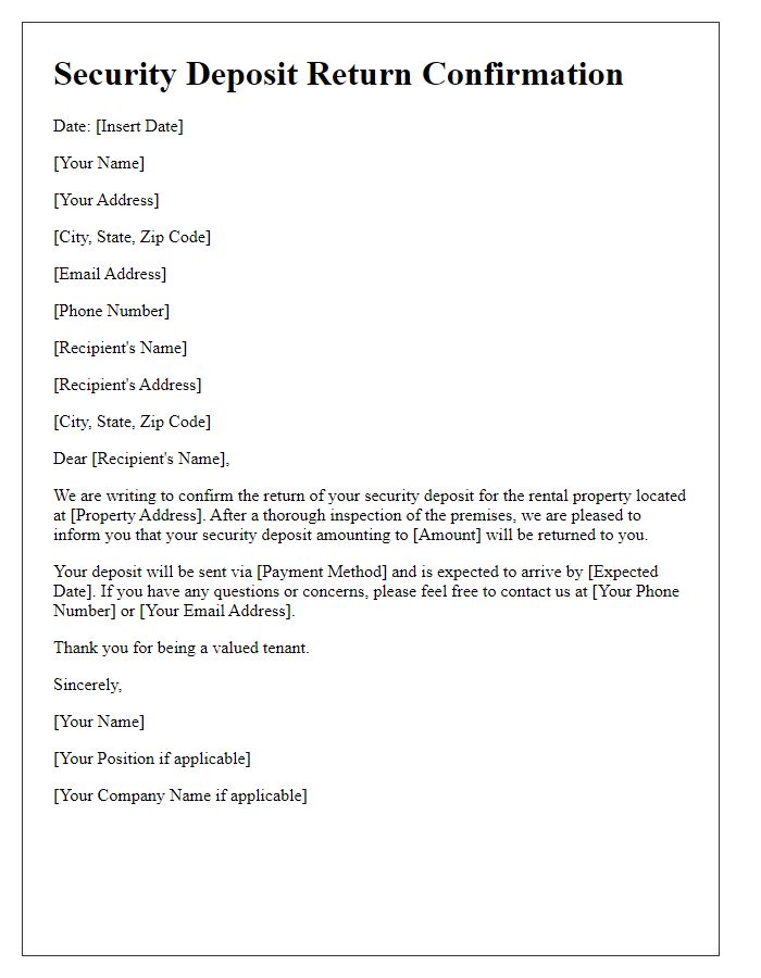 Letter template of security deposit return confirmation