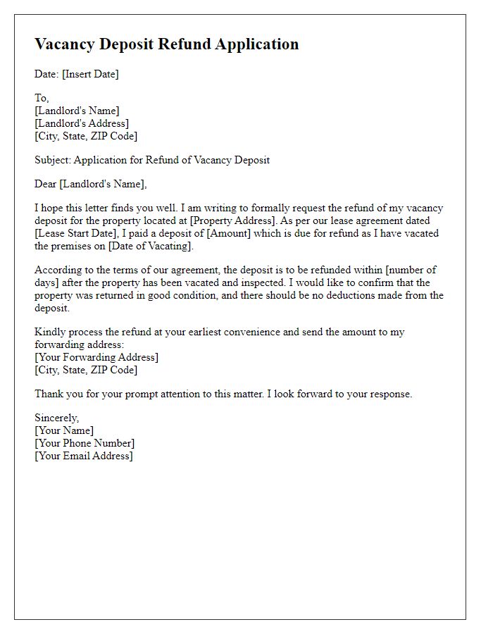 Letter template of vacancy deposit refund application