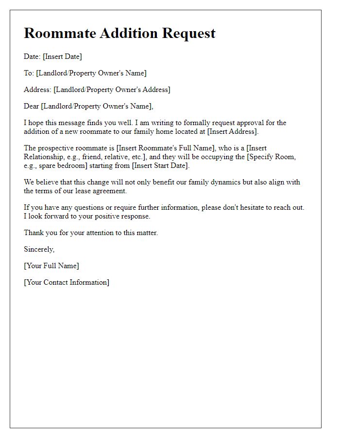 Letter template of roommate addition request for family home.