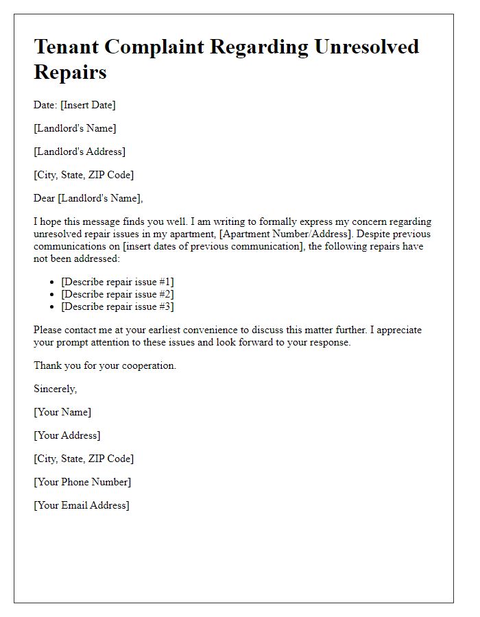 Letter template of tenant complaint regarding unresolved repairs