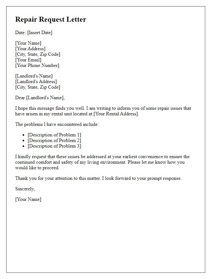 Letter template of tenant documentation of repair problems