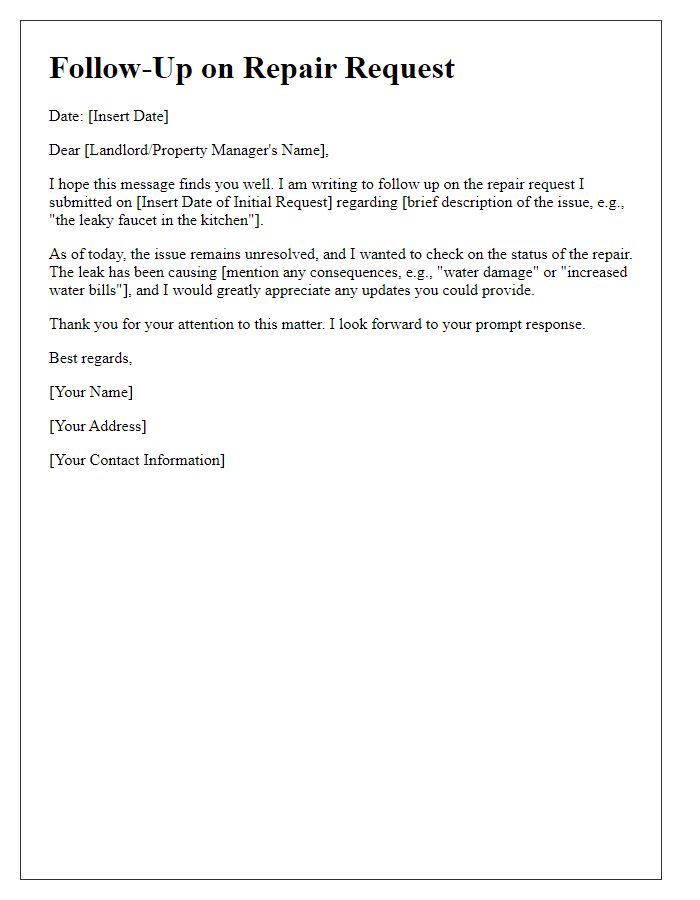 Letter template of tenant follow-up on repair requests