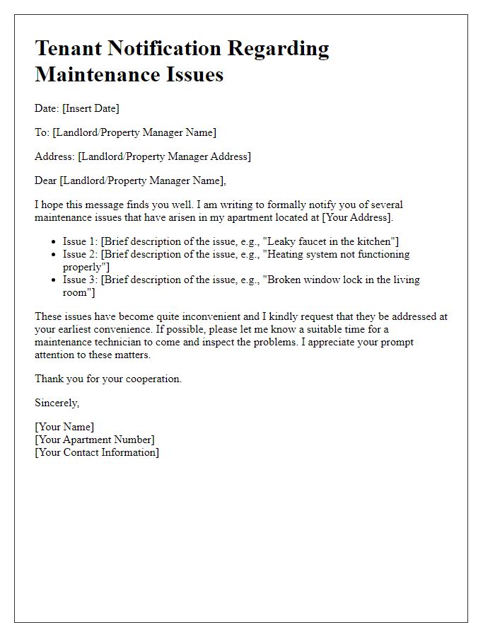 Letter template of tenant notification about maintenance issues