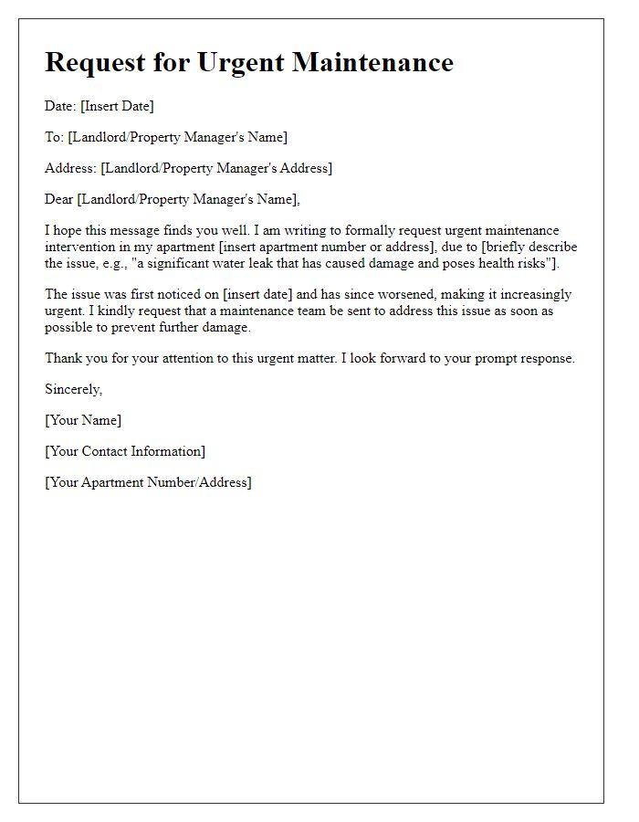 Letter template of tenant request for urgent maintenance intervention