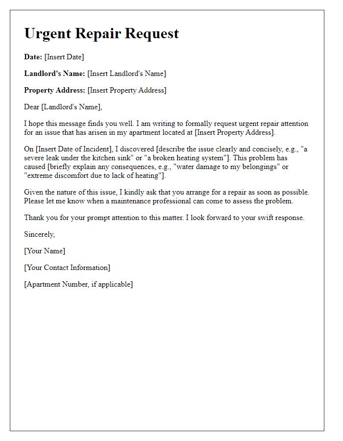 Letter template of tenant request for urgent repair attention