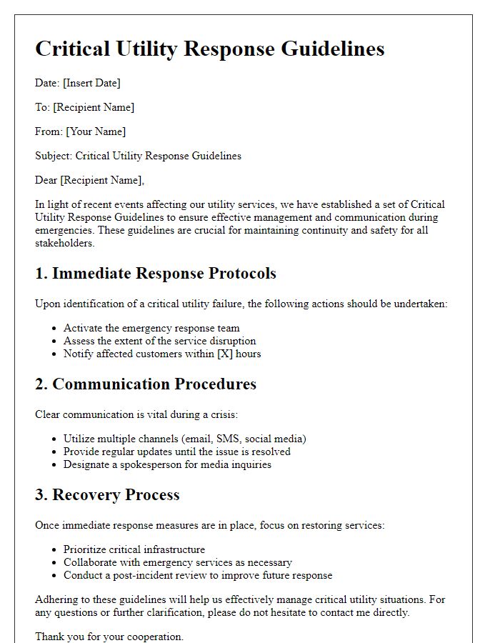 Letter template of critical utility response guidelines