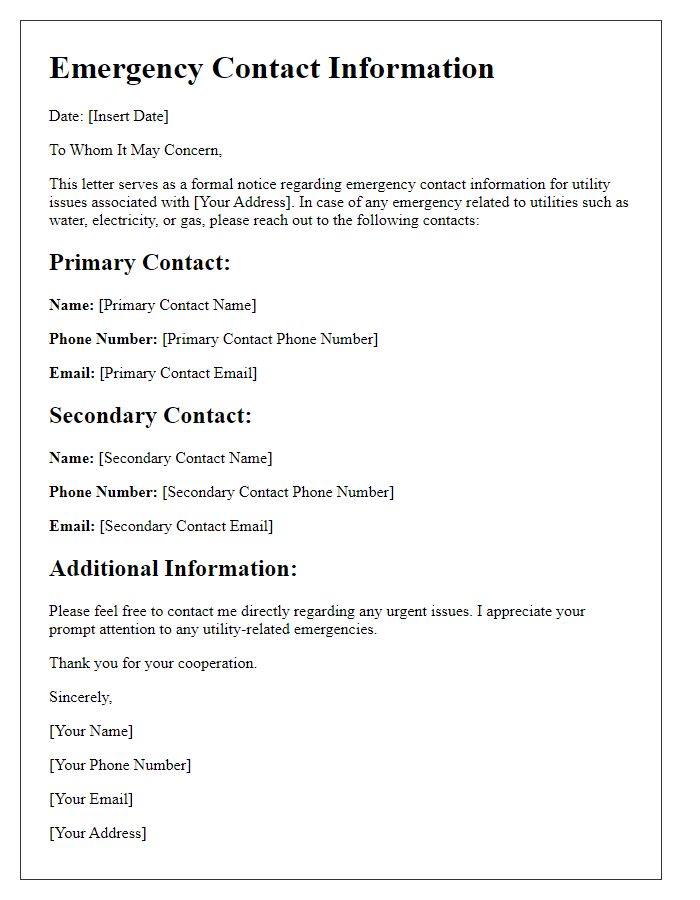 Letter template of emergency contact information for utility issues