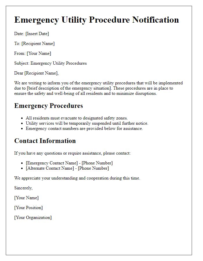 Letter template of emergency utility procedure communication