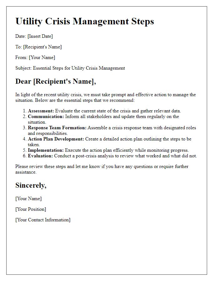 Letter template of essential steps for utility crisis management