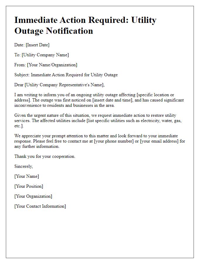 Letter template of immediate action required for utility outage