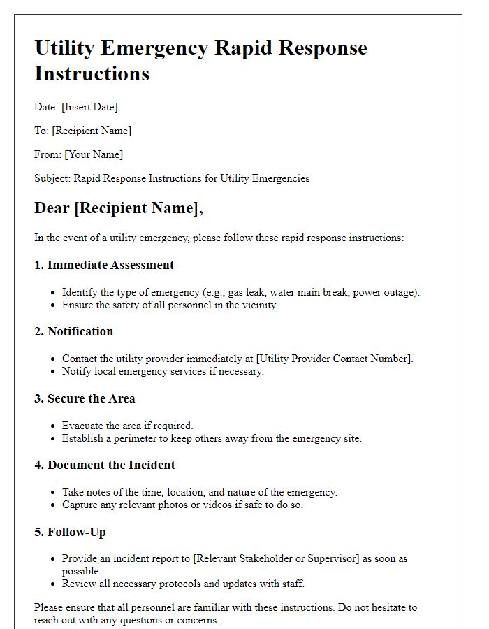 Letter template of rapid response instructions for utility emergencies