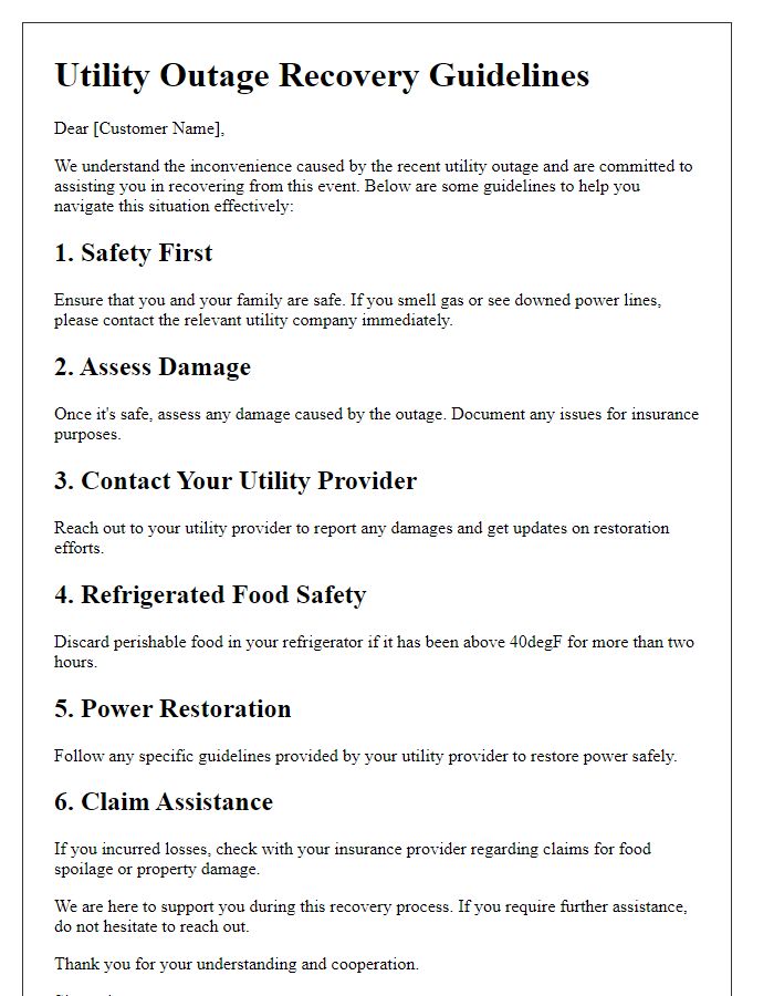 Letter template of swift utility outage recovery guidelines