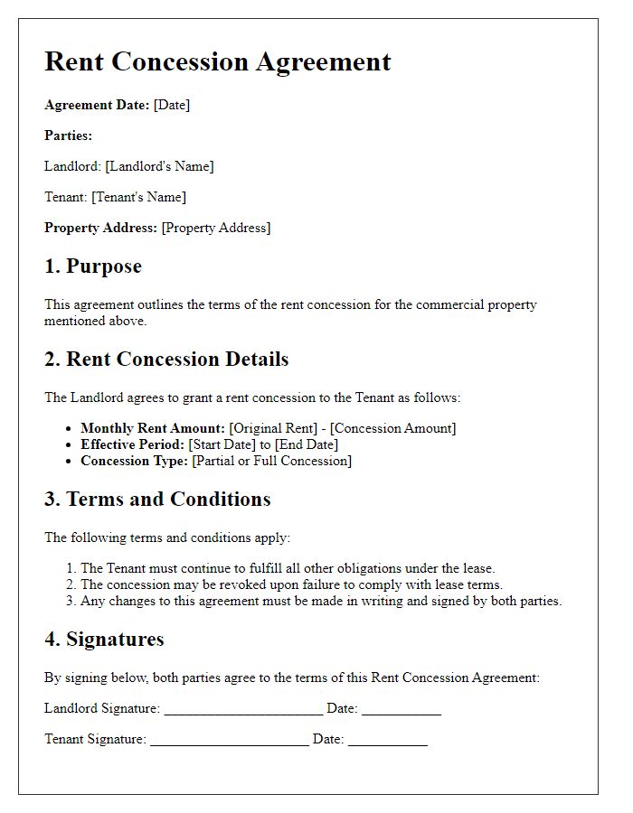 Letter template of Rent Concession Agreement for Commercial Property