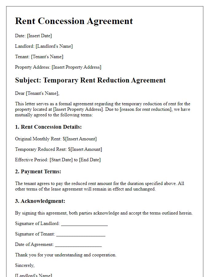 Letter template of Rent Concession Agreement for Temporary Rent Reduction