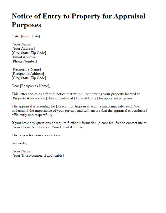 Letter template of notice of entry to property for appraisal purposes.