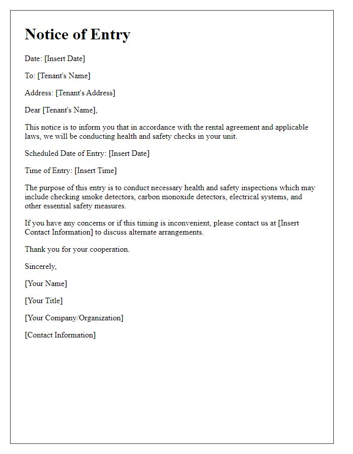 Letter template of notice of entry to property for tenant health and safety checks.