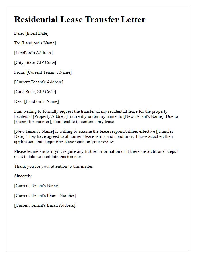 Letter template of residential lease transfer