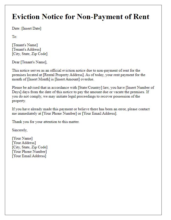 Letter template of eviction notice for non-payment of rent