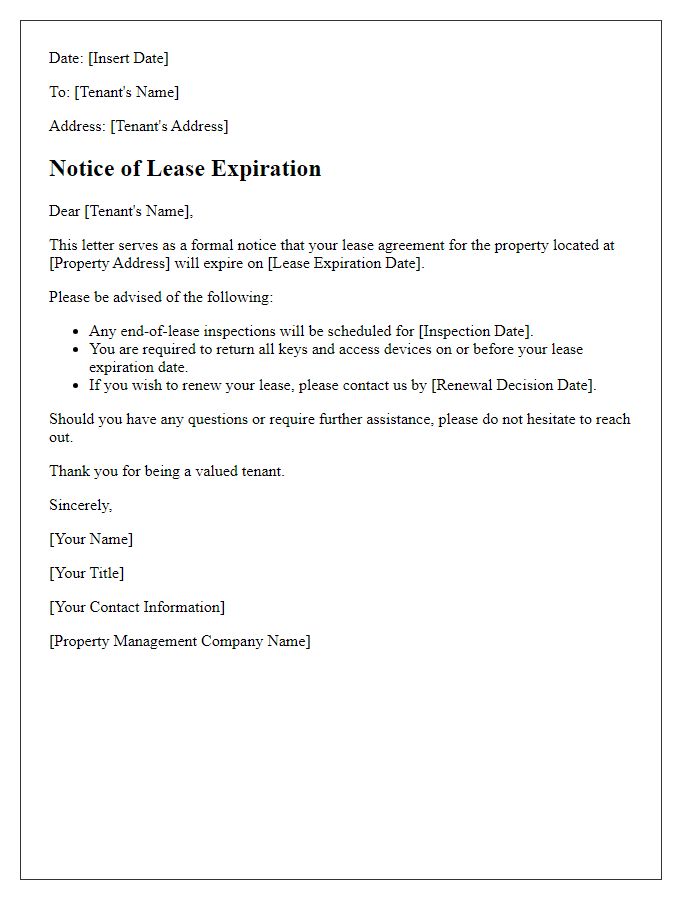 Letter template of notice to tenants for lease expiration